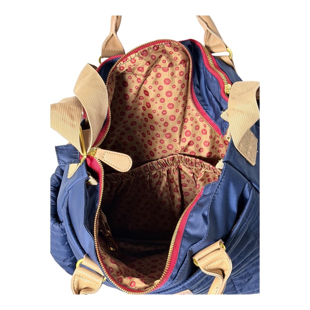 Maman New York Designer Quilted Diaper Bag w/Changing Pad Blue w/tan details - Picture 8 of 9